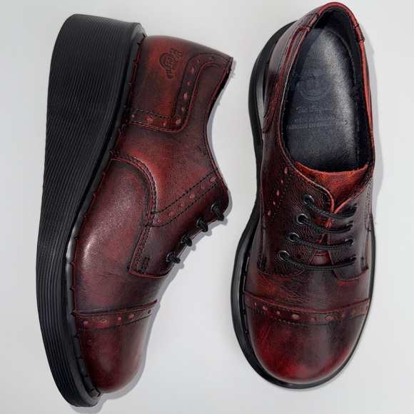 Dr. Martens Shoes - Vintage Dr. Martens Oxblood Ruboff Red Black Wingtip Wedge Oxfords UK 4